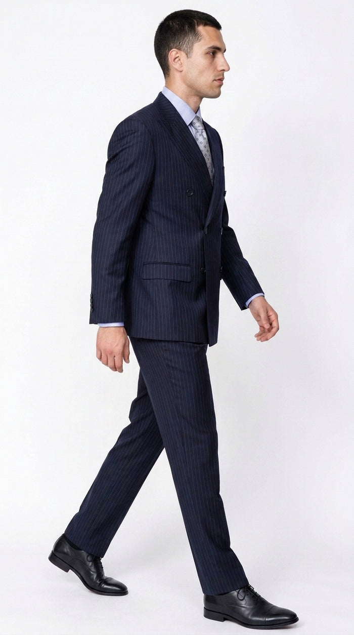 Men’s Dark Navy Blue Pinstripe Double Breasted Suit, Formal Business Wedding Dress Suit