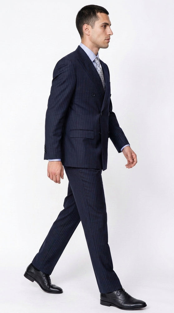 Men’s Dark Navy Blue Pinstripe Double Breasted Suit, Formal Business Wedding Dress Suit
