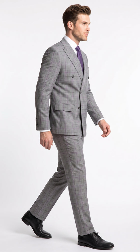 Men’s Grey Glen Plaid Double Breasted Suit, Classic Wool Feel Formal Wedding Business Suit