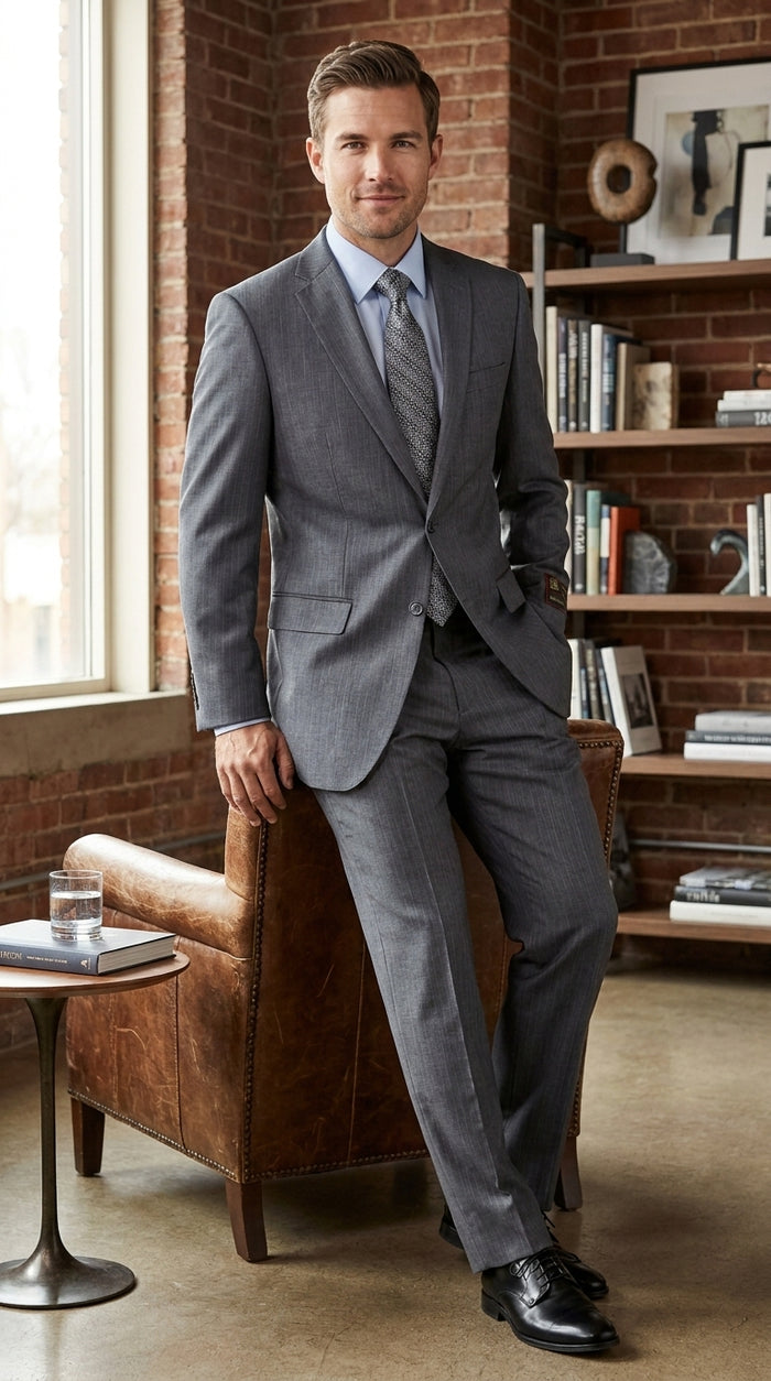 Men’s Grey Pinstripe 2 Button Suit, 2 Piece Business Wedding Formal Dress Suit