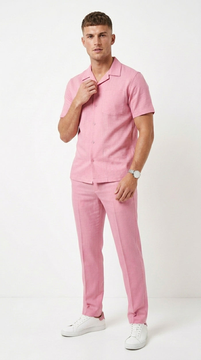 Men’s Lilac Pink Linen Walking Suit with Short Sleeve Shirt and Matching Pants, Summer Casual Outfit