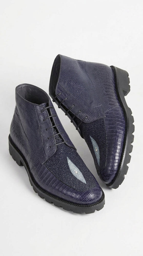 Los Altos Navy Genuine Lizard & Stingray Ankle Boots