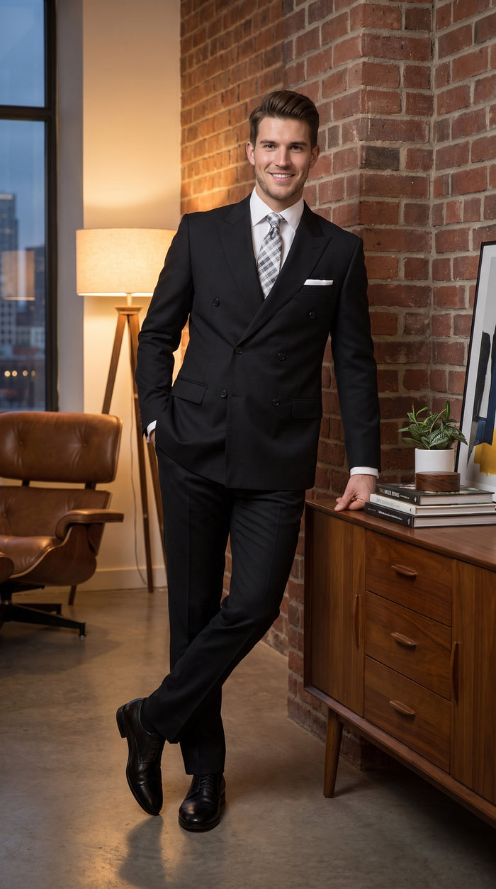 Statement Confidence Men’s Black Double Breasted Wool Suit, Italian Design Formal Wedding Business Suit