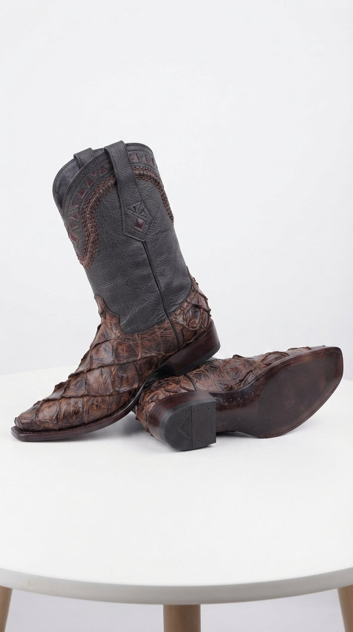 Men’s Brown Fish Skin Cowboy Boots, Exotic Western Dress Boots in Café Brown