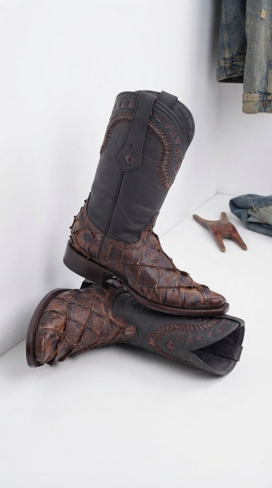 Men’s Brown Fish Skin Cowboy Boots, Exotic Western Dress Boots in Café Brown