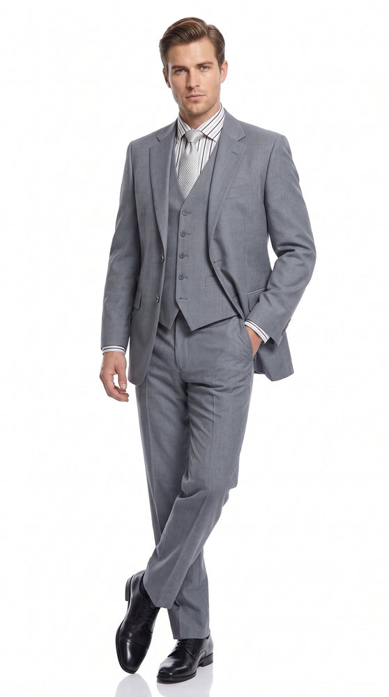 Men’s Mid Gray 3 Piece Suit, Modern Fit 2 Button Vested Formal Wedding Business Suit
