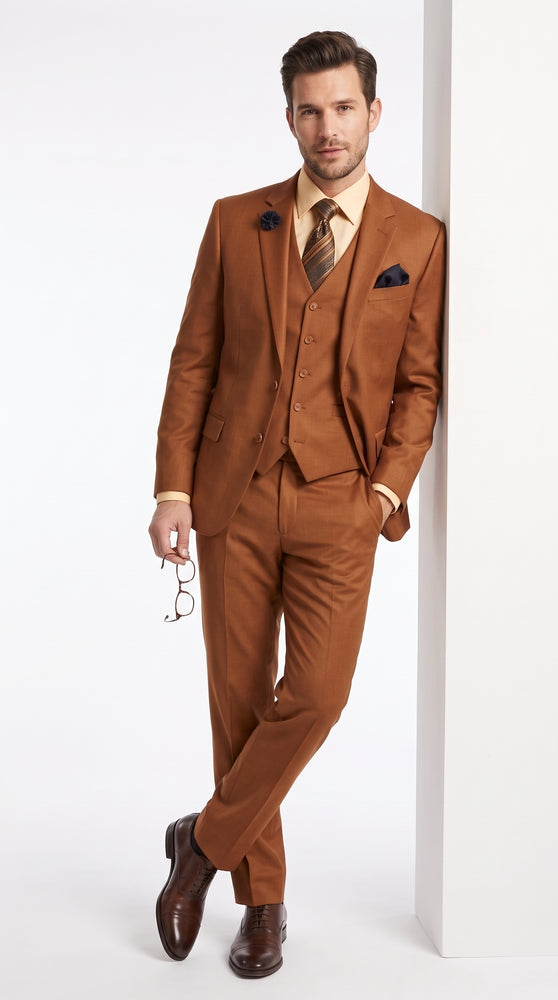 Men’s Copper Rust 3 Piece Vested Suit, Solid 2 Button Formal Wedding Business Suit