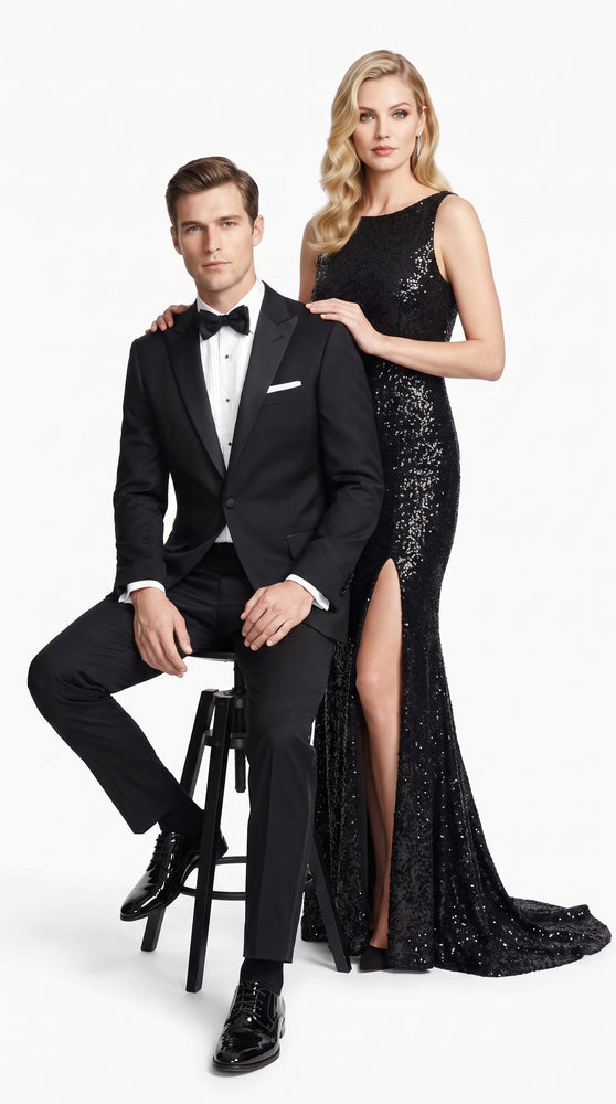 Men’s Black 100% Worsted Wool Tuxedo, Peak Lapel Formal Wedding Prom Dinner Suit