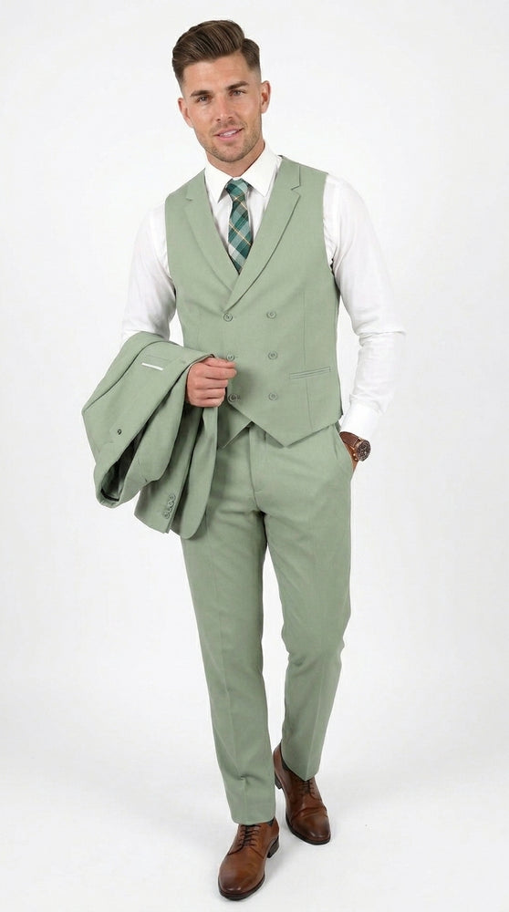 Men’s Sage Green 3 Piece Suit with Jacket, Vest and Pants, Light Green Summer Wedding Suit
