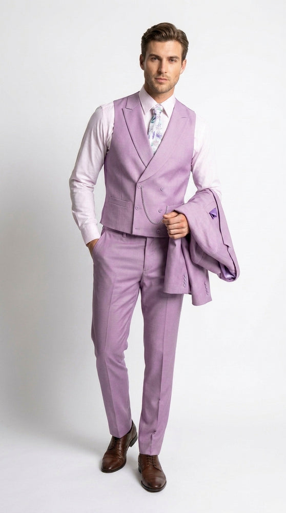 Men’s Lavender Modern Fit 3 Piece Suit, Lapel Vest Wedding Prom Formal Suit with Adjustable Pants