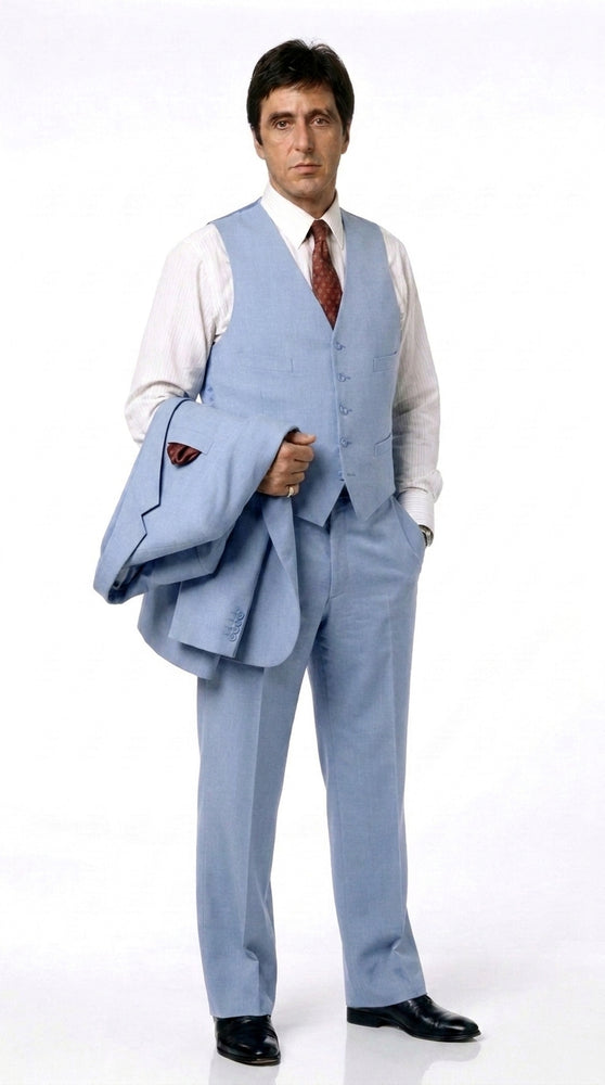 Men’s Steel Blue 3-Piece Suit – Tony Montana Scarface-Inspired Vested Wedding and Party Suit