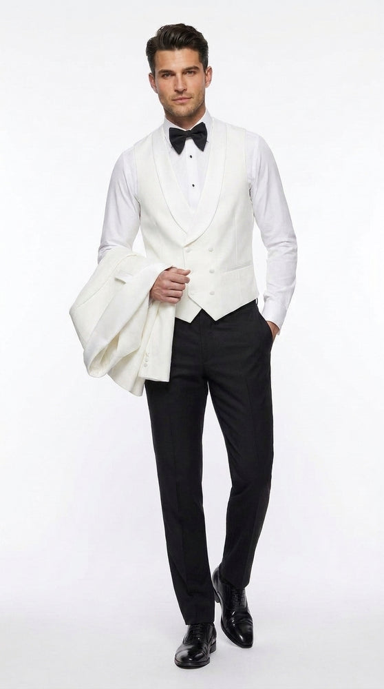 Men’s White 3-Piece Tuxedo Suit – Wide Shawl Lapel Wedding, Prom and Formal Suit