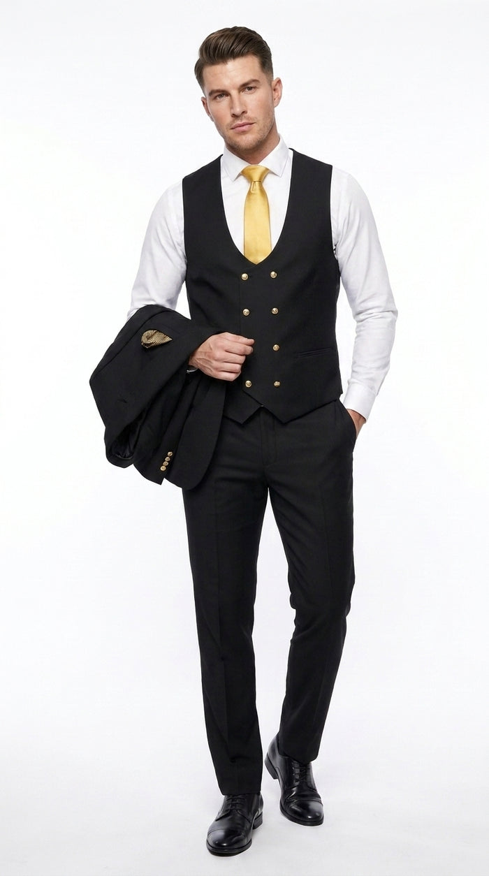 Men’s Black Slim-Fit 3-Piece Suit with Gold Buttons – Double-Breasted Vest Wedding and Formal Suit