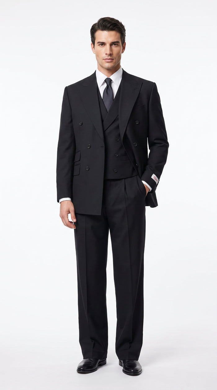 Tiglio Men’s Black Double Breasted Wool Suit, Super 150s Italian Fabric Wide Leg Vested Suit