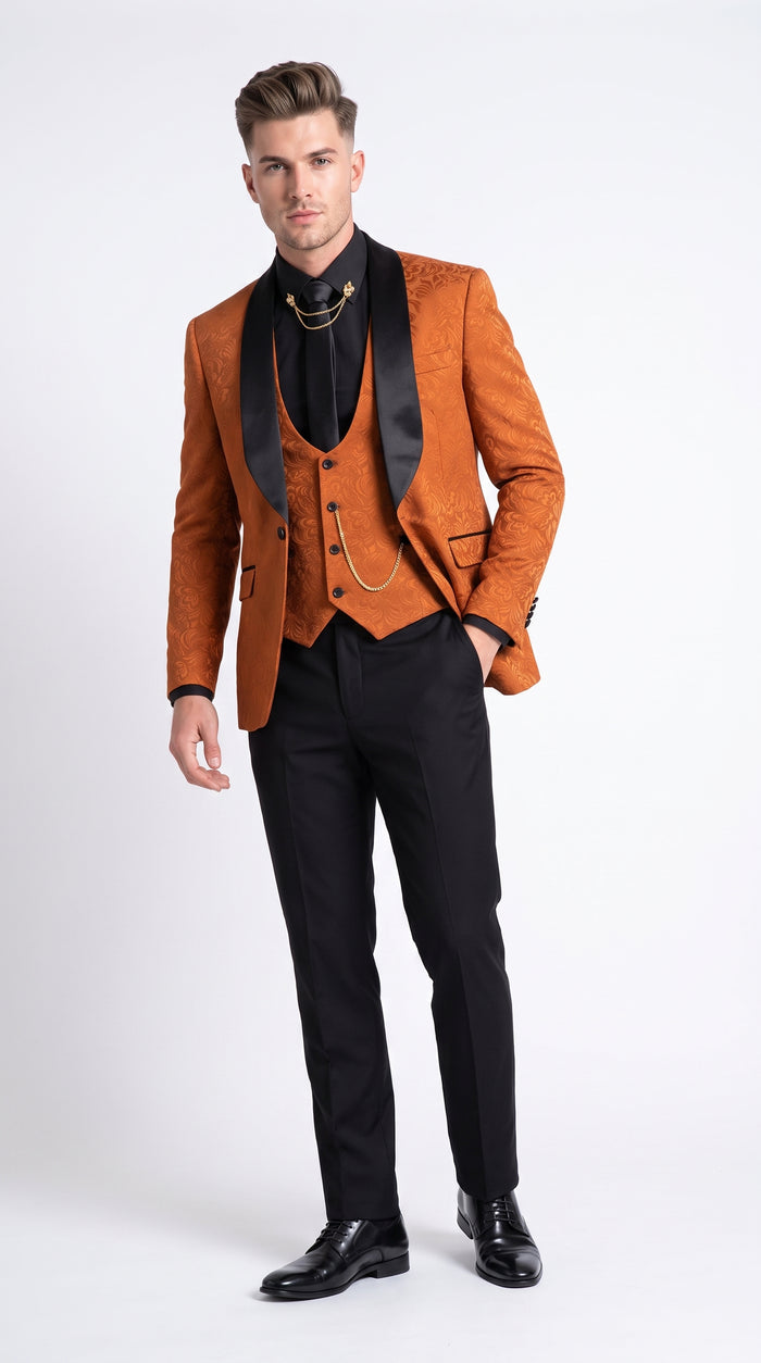 Men’s Burnt Orange Floral Brocade Tuxedo, Designer Formal Wedding Prom Dinner Suit