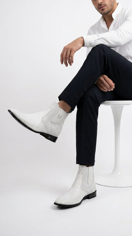 Men’s Handmade White Vestigium Sharkskin Chelsea Boots, Genuine Exotic Dress Ankle Boots