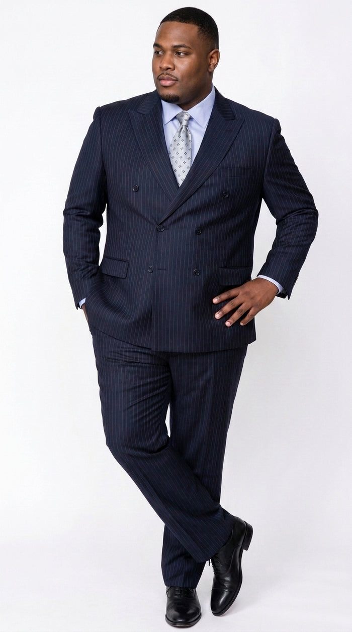 Men’s Dark Navy Blue Pinstripe Double Breasted Suit, Formal Business Wedding Dress Suit