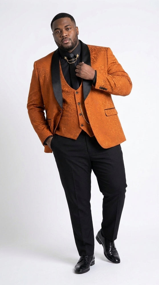 Men’s Burnt Orange Floral Brocade Tuxedo, Designer Formal Wedding Prom Dinner Suit