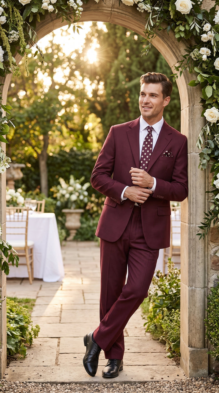 Men’s Burgundy 3 Button Textured Suit, Classic Fit Formal Wedding Business Suit with Pleated Pants