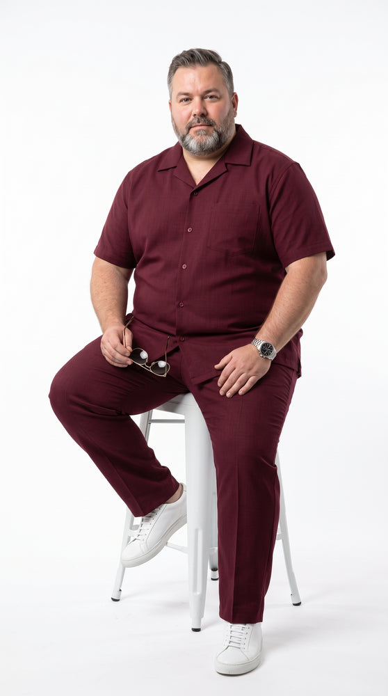 Men’s Burgundy Walking Suit, Big and Tall Casual Shirt and Pants Set up to 6XL