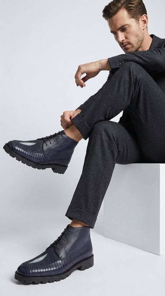 Los Altos Navy Genuine Lizard & Stingray Ankle Boots