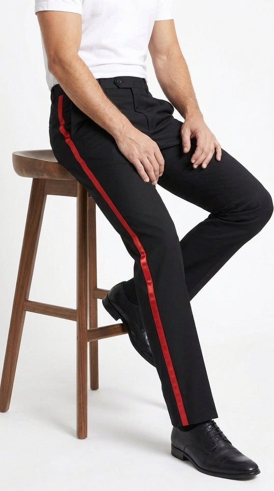 Men’s Black Tuxedo Pants with Red Satin Side Stripe, Classic Fit Flat or Pleated Formal Slacks