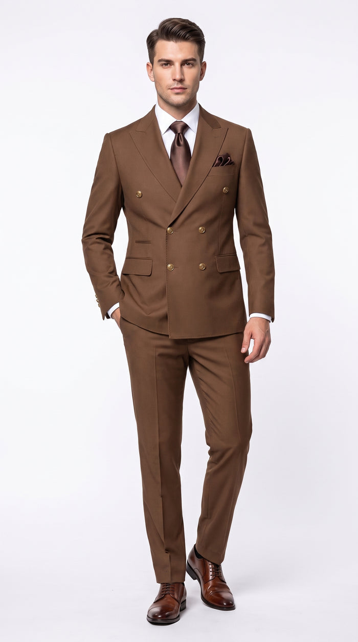 Rossi Man Men’s Brown Double Breasted Suit, Modern Fit Formal Wedding Business Dress Suit