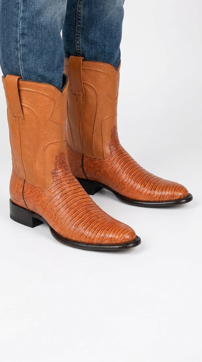 Los Altos Men’s Honey Teju Lizard Roper Toe Boots, Genuine Exotic Western Cowboy Dress Boots