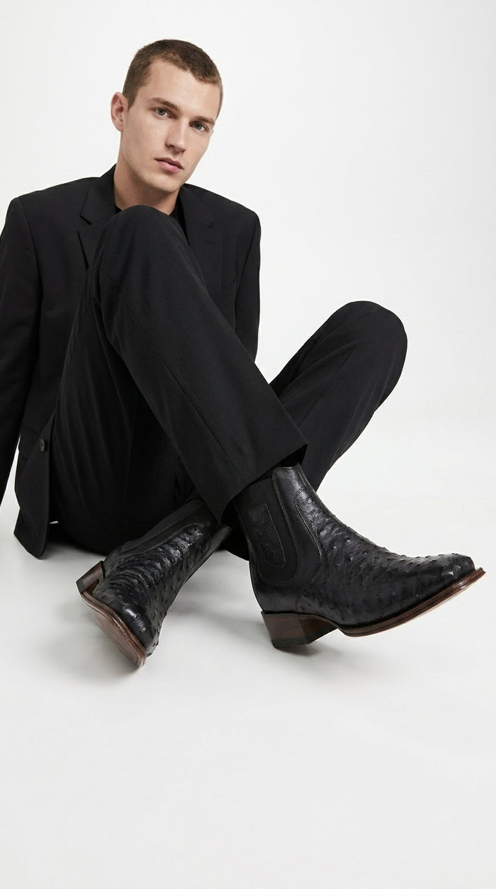 Men’s Black Ostrich Leather Ankle Boots, Square Toe Exotic Western Dress Boots