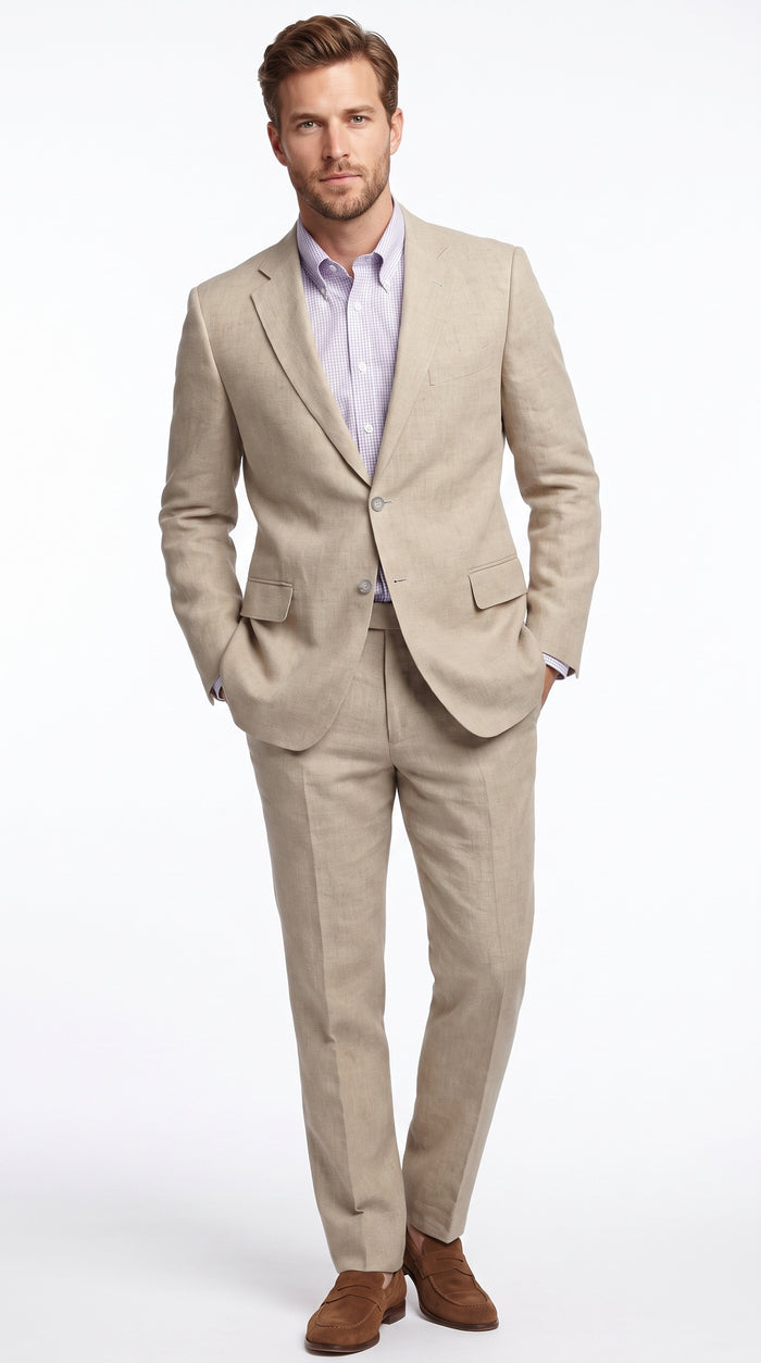 Men’s Beige Natural Big and Tall Linen Suit, Summer Wedding and Business Dress Suit