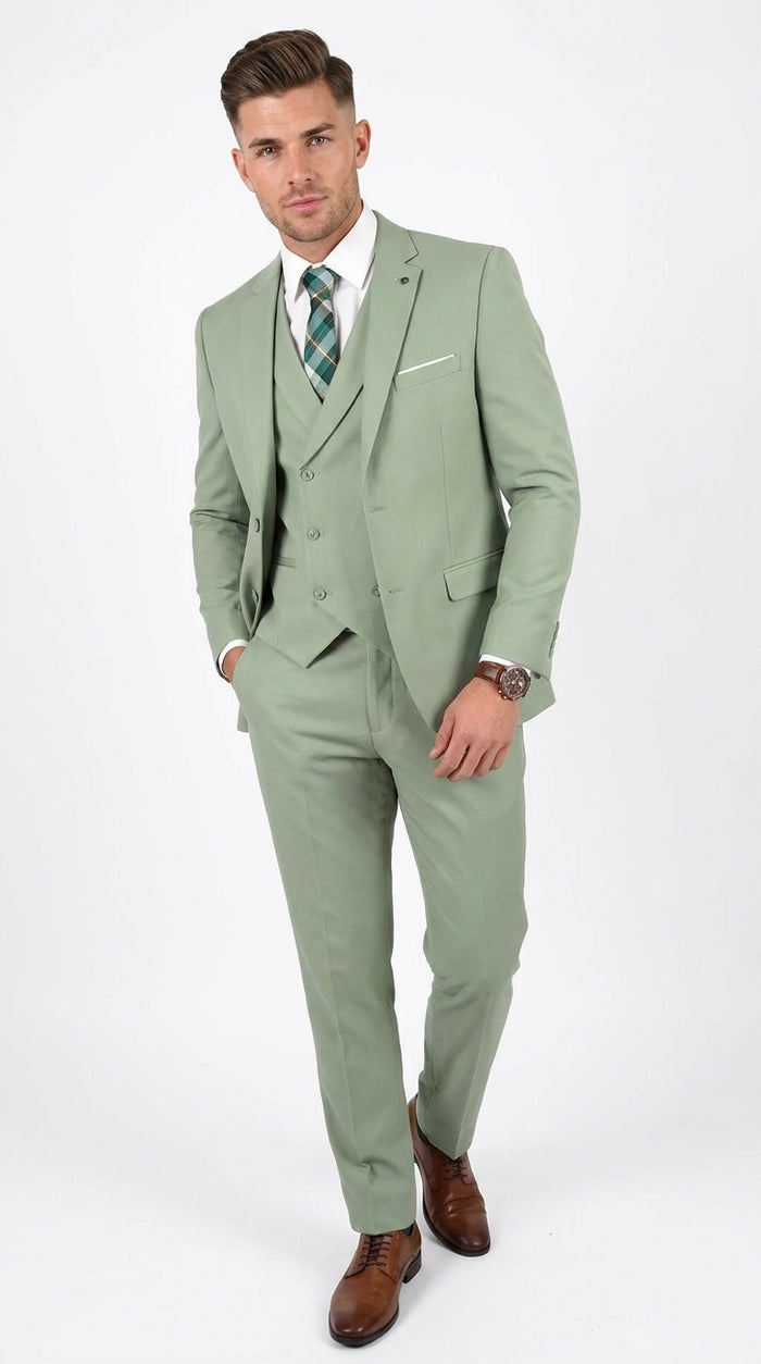 Men’s Sage Green 3 Piece Suit with Jacket, Vest and Pants, Light Green Summer Wedding Suit
