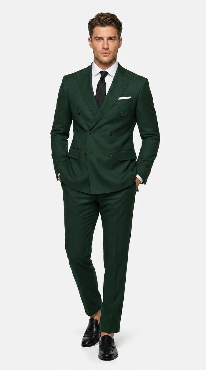 Men’s Olive Green Double Breasted Suit with Gold Buttons, Designer Wool Formal Wedding Business Suit Set