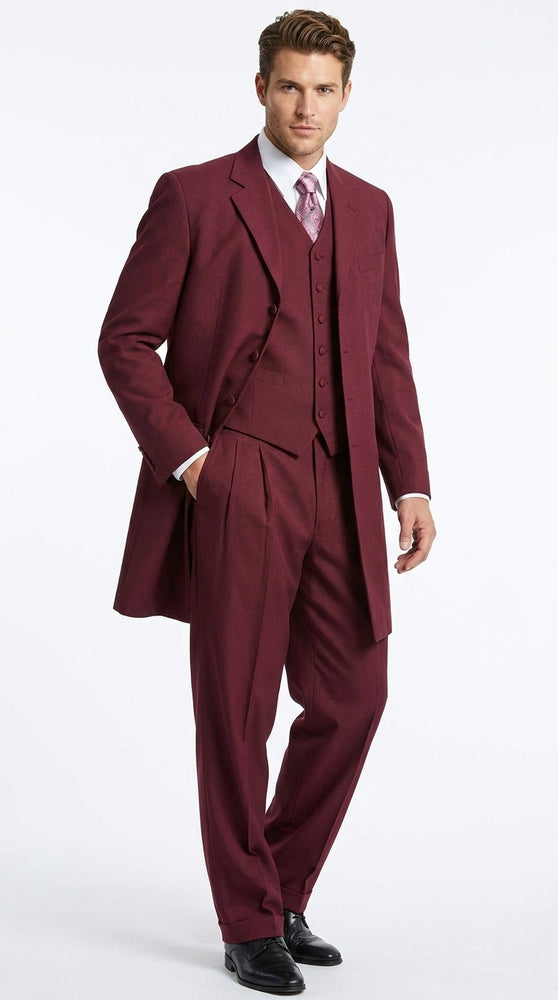 Men’s Burgundy Maroon Zoot Suit with 38 Inch Long Jacket, Wine Color 3 Piece Fashion Suit