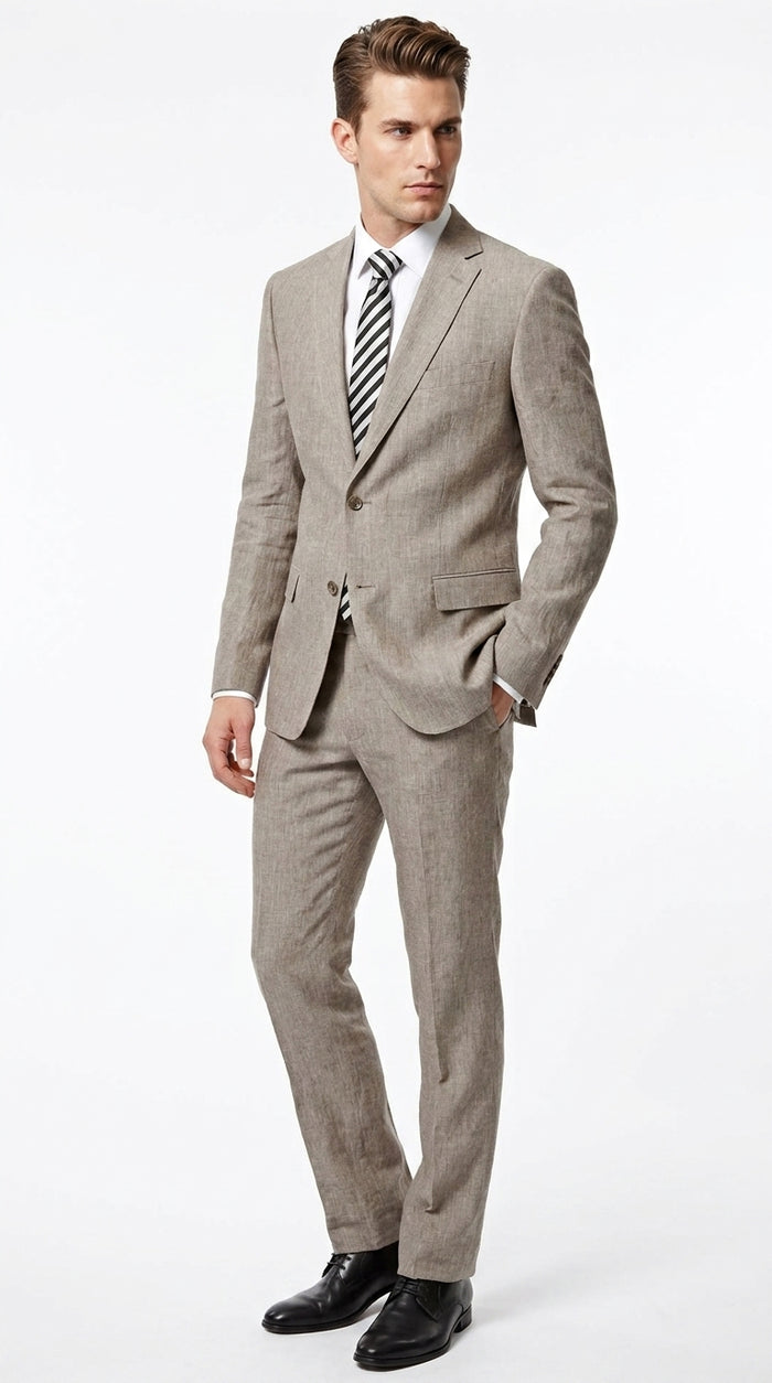 Men’s Dark Tan Taupe 100% Linen Suit with 2 Button Jacket and Flat Front Pants