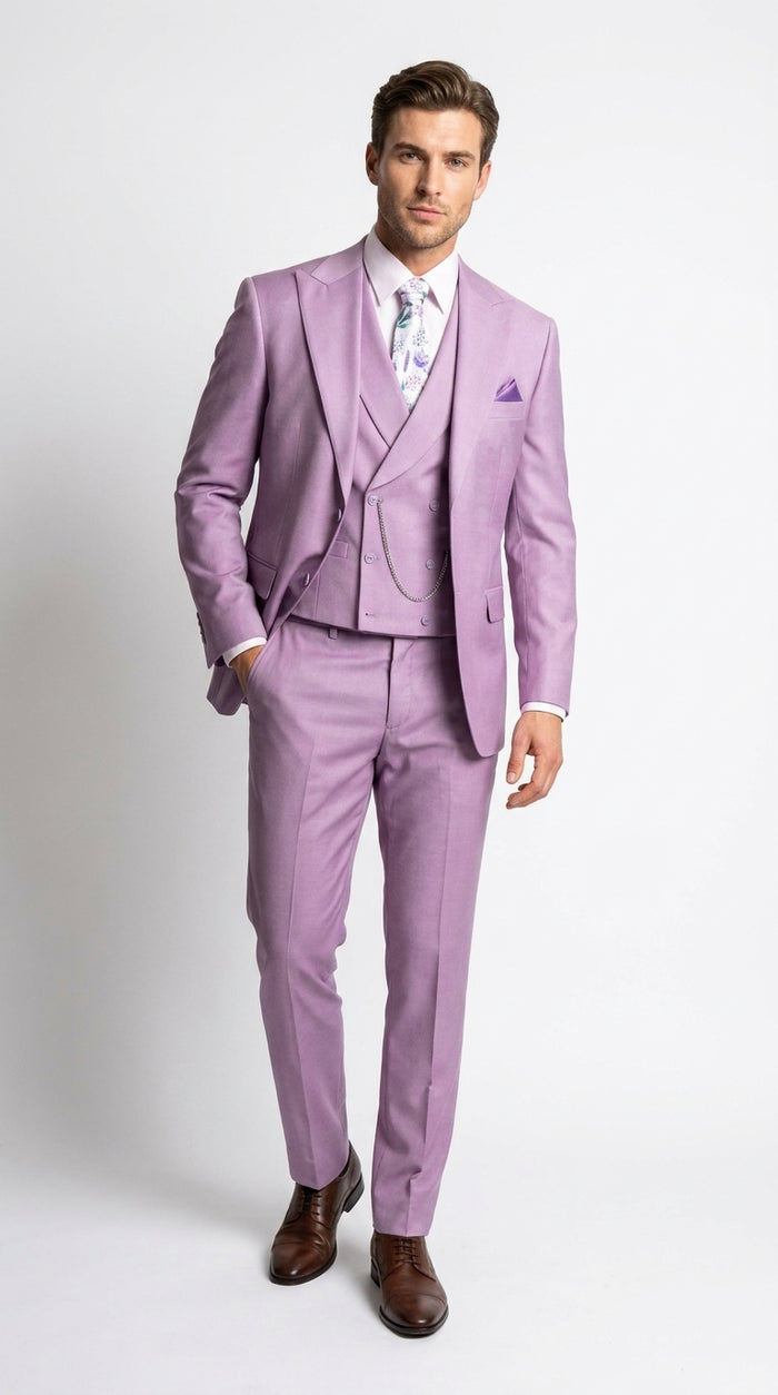Men’s Lavender Modern Fit 3 Piece Suit, Lapel Vest Wedding Prom Formal Suit with Adjustable Pants