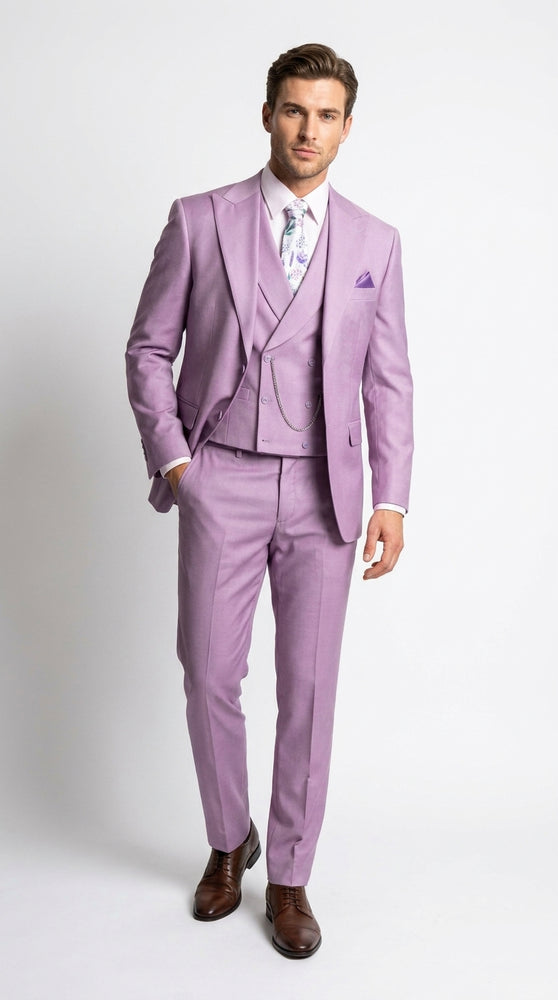 Men’s Lavender Modern Fit 3 Piece Suit, Lapel Vest Wedding Prom Formal Suit with Adjustable Pants