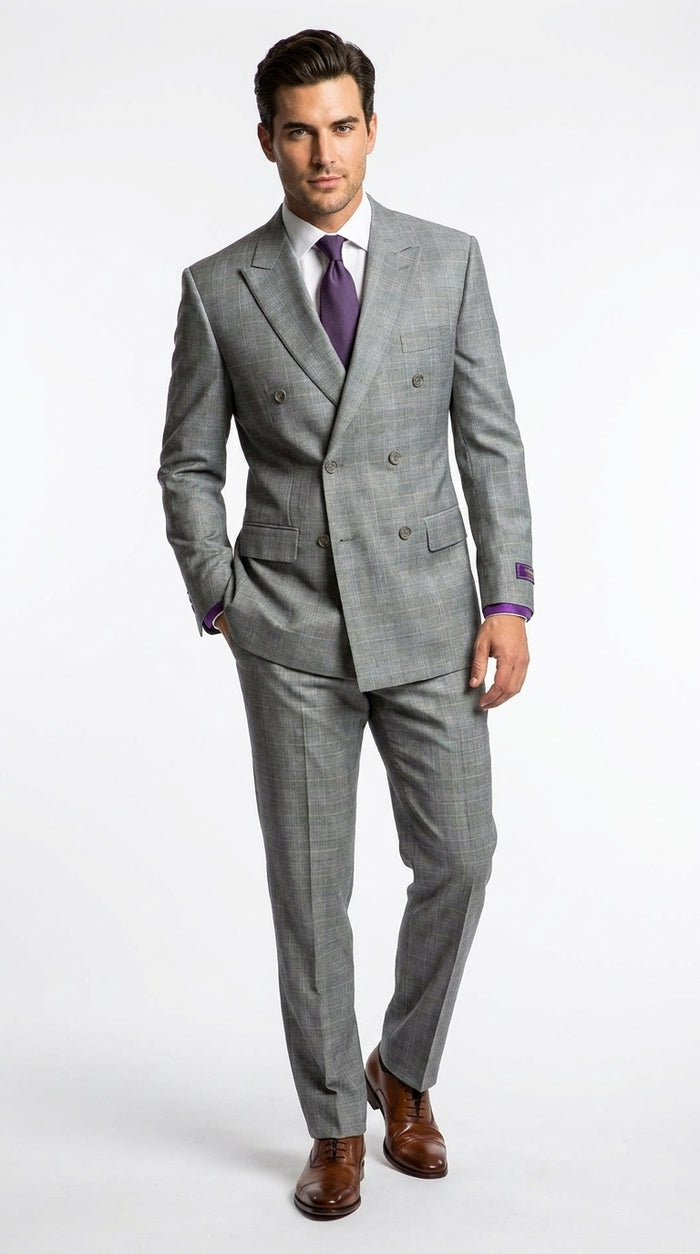 Men’s Grey Glen Plaid Double Breasted Suit, Executive Regular Fit Formal Business Wedding Suit Set