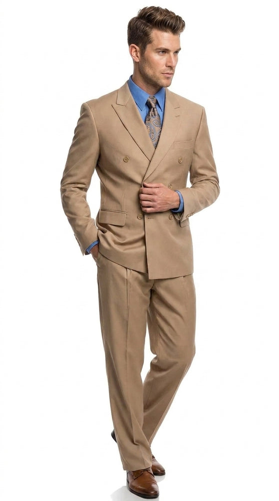 Apollo King Men’s Grey Double Breasted 2 Piece Suit, Pleated Pants Formal Wedding Business Suit Set