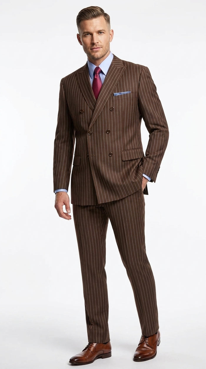 Rockefeller Collection Men’s Brown Double Breasted Pinstripe Suit, Regular Fit 2 Piece Formal Business Suit Set