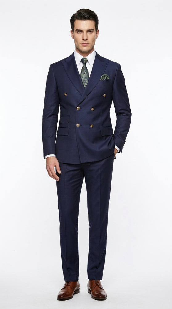 Men’s Navy Blue Double Breasted Suit, Slim Fitted Cut Formal Business Wedding Suit with Flat Front Pants
