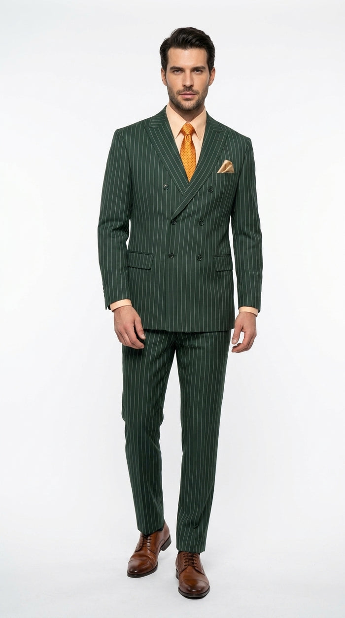 Rockefeller Collection Men’s Hunter Green Double Breasted Pinstripe Suit, Regular Fit 2 Piece Formal Business Suit Set