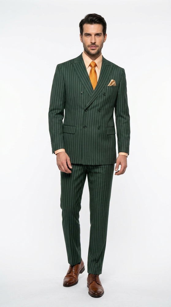 Rockefeller Collection Men’s Hunter Green Double Breasted Pinstripe Suit, Regular Fit 2 Piece Formal Business Suit Set