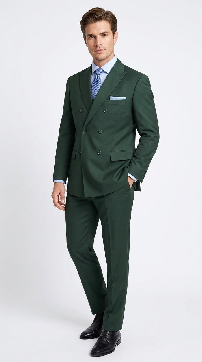 Ramses Collection Men’s Hunter Green Double Breasted 2 Piece Suit, Regular Fit Suit with Elastic Waist Pants