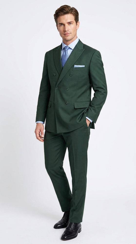 Ramses Collection Men’s Hunter Green Double Breasted 2 Piece Suit, Regular Fit Suit with Elastic Waist Pants