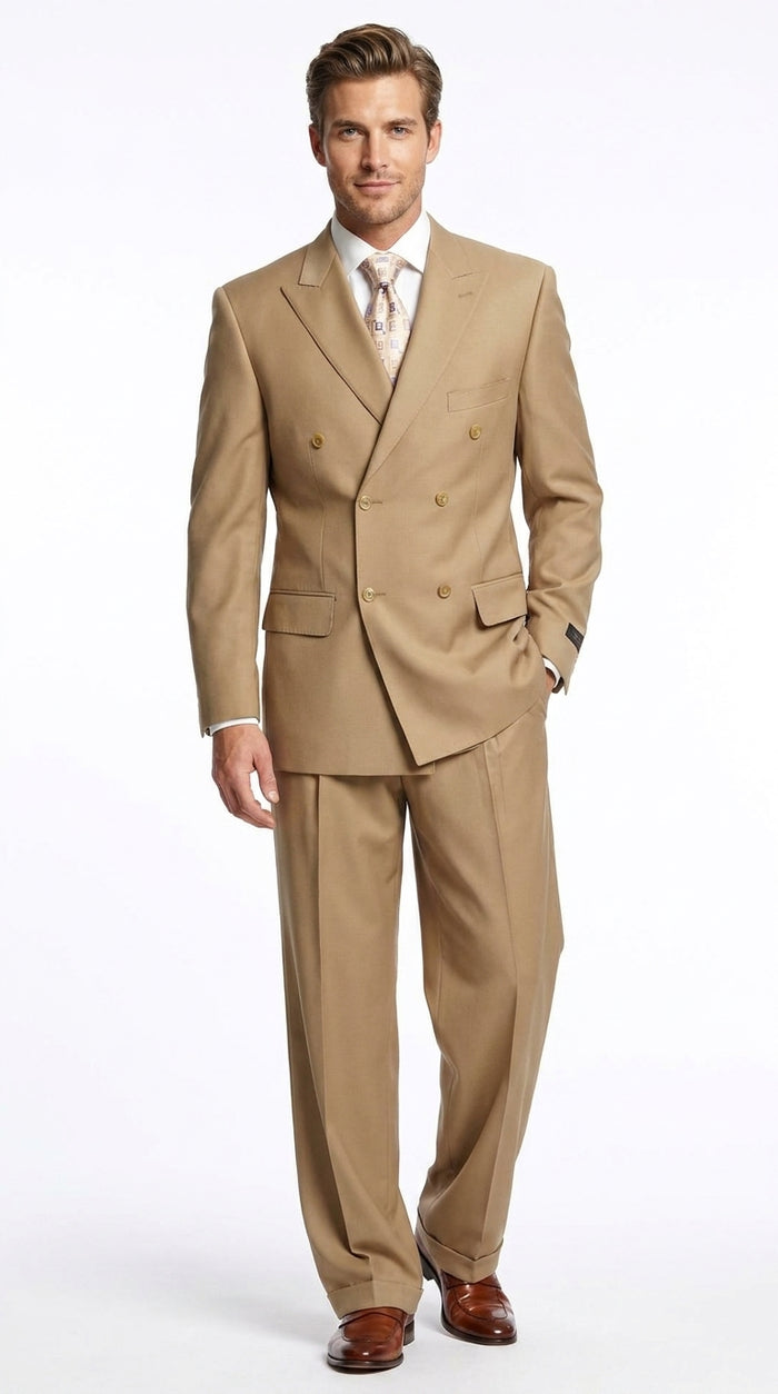 Men’s Khaki Bronze Camel Double-Breasted Suit – Classic Pleated Pants Wedding, Business and Formal Suit