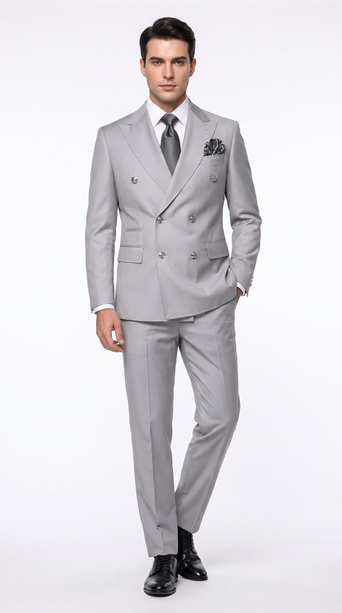Rossi Man Men’s Silver Double-Breasted Suit – Modern Fit Wedding, Prom and Formal 2-Piece Suit