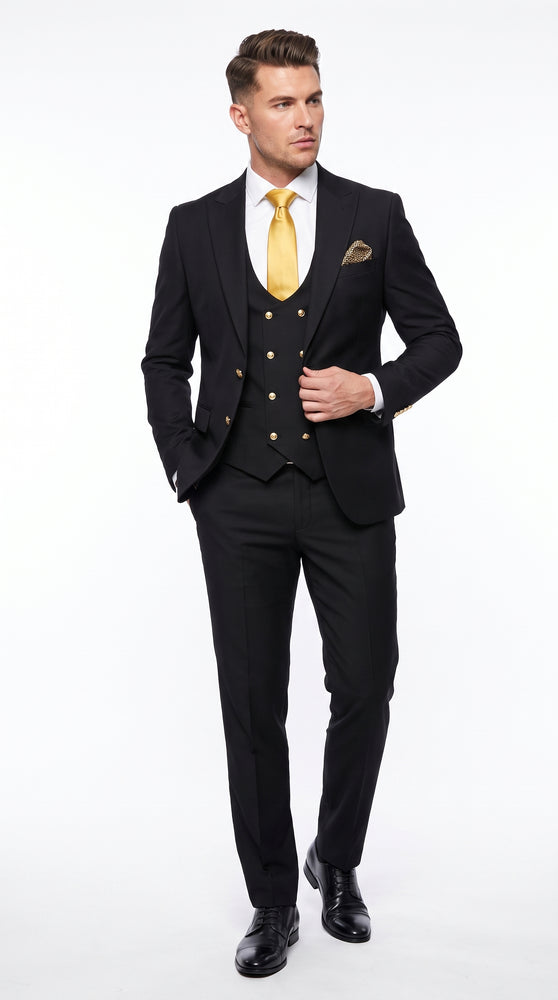 Men’s Black Slim-Fit 3-Piece Suit with Gold Buttons – Double-Breasted Vest Wedding and Formal Suit