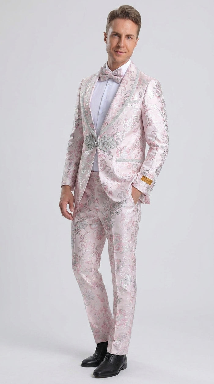 Men’s Pink Floral Paisley Prom Tuxedo with Silver Trim, Fancy Wedding Party Dinner Jacket Suit