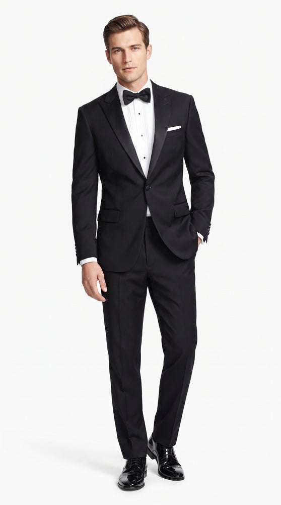 Men’s Black 100% Worsted Wool Tuxedo, Peak Lapel Formal Wedding Prom Dinner Suit