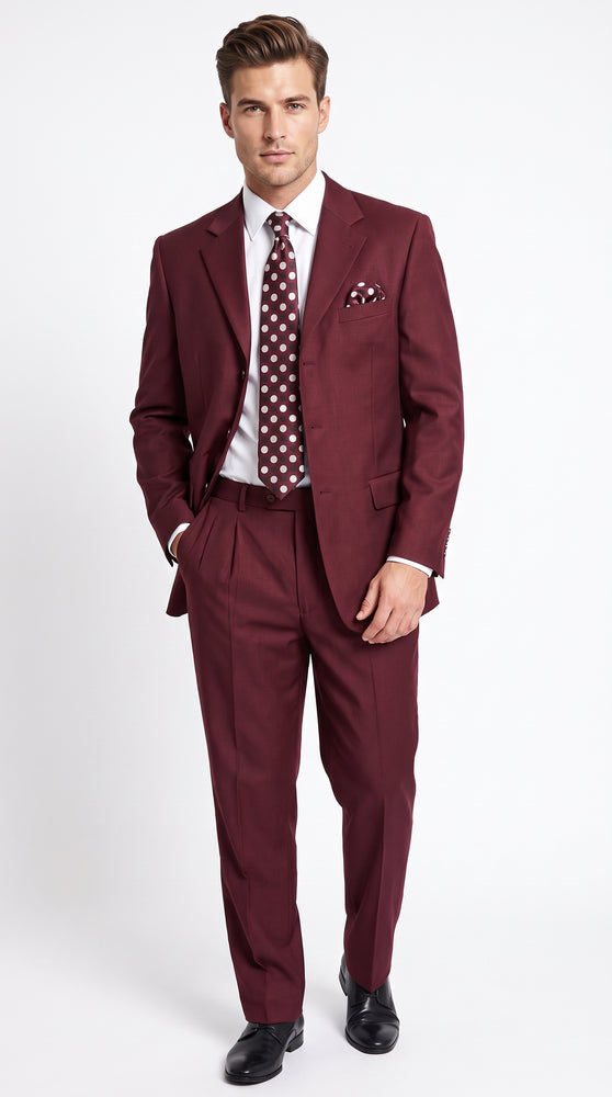 Men’s Burgundy 3 Button Textured Suit, Classic Fit Formal Wedding Business Suit with Pleated Pants